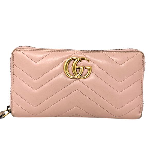 Authentic Gucci GG Marmont Pink Matelassé Chevron Leather Zip Around Wallet - Picture 2 of 10
